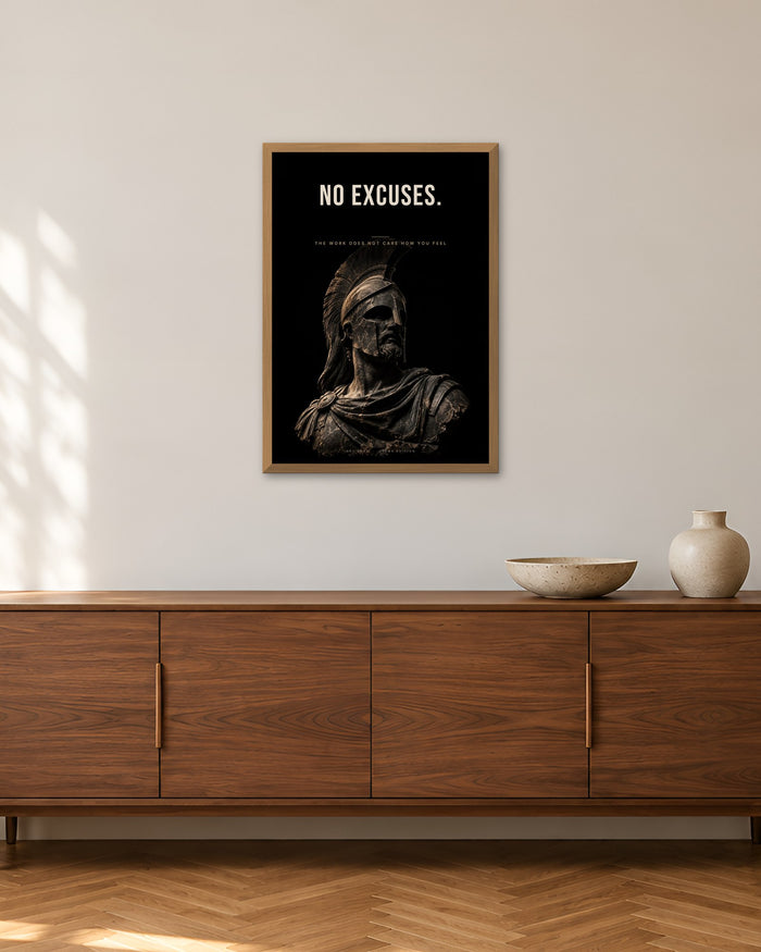 No Excuses – Spartaner-Büste Poster – 50 × 70 cm im Holzrahmen – Raumansicht – Art Bros