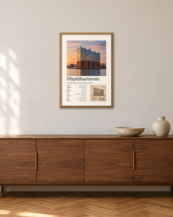 Elbphilharmonie Wandbild – 50 × 70 cm im Holzrahmen – Raumansicht – Art Bros