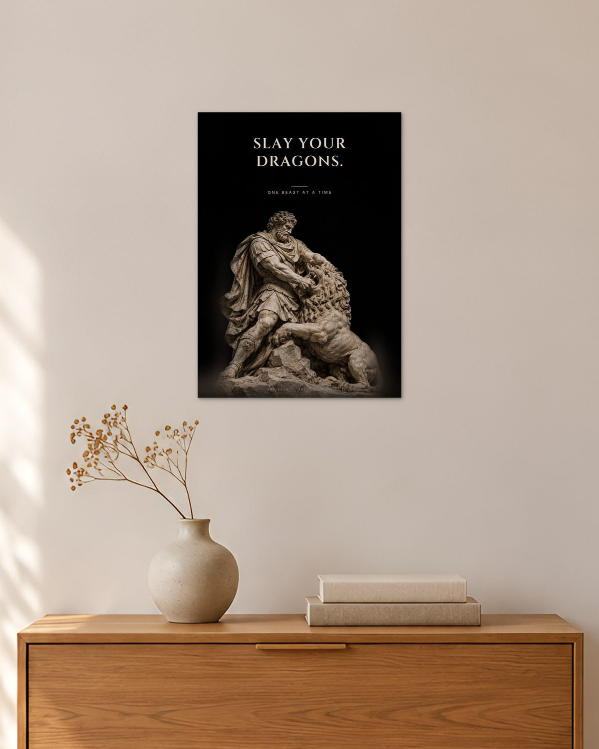 Slay Your Dragons – Kampf mit dem Löwen Poster – 30 × 42 cm ohne Rahmen – Raumansicht – Art Bros