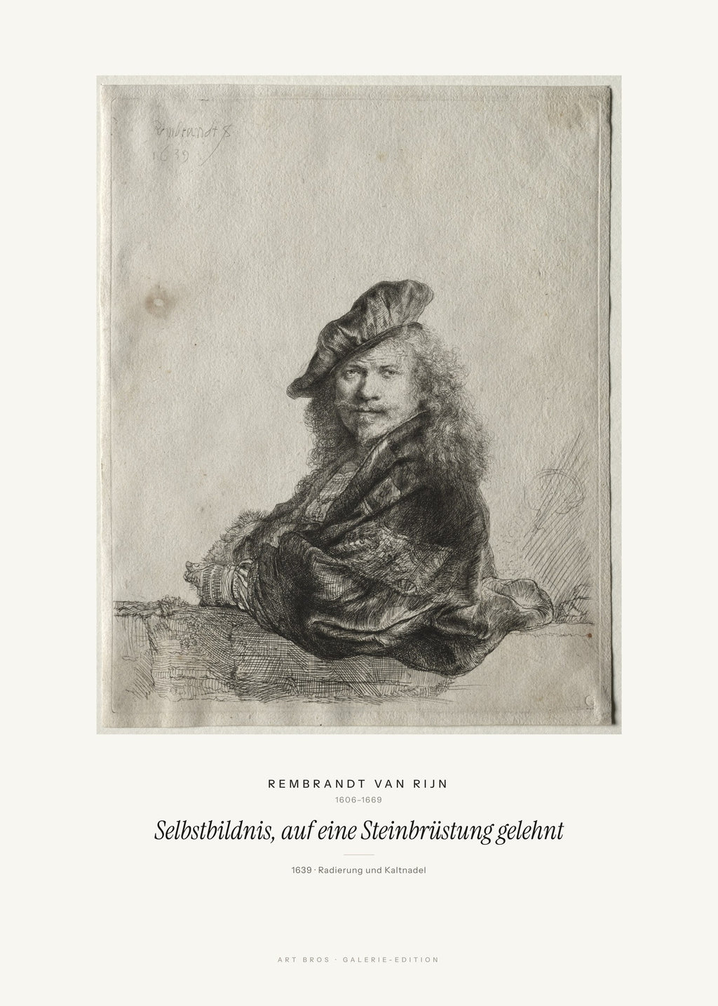 Selbstbildnis, auf eine Steinbrüstung gelehnt – Rembrandt van Rijn – Kunstdruck – Art Bros