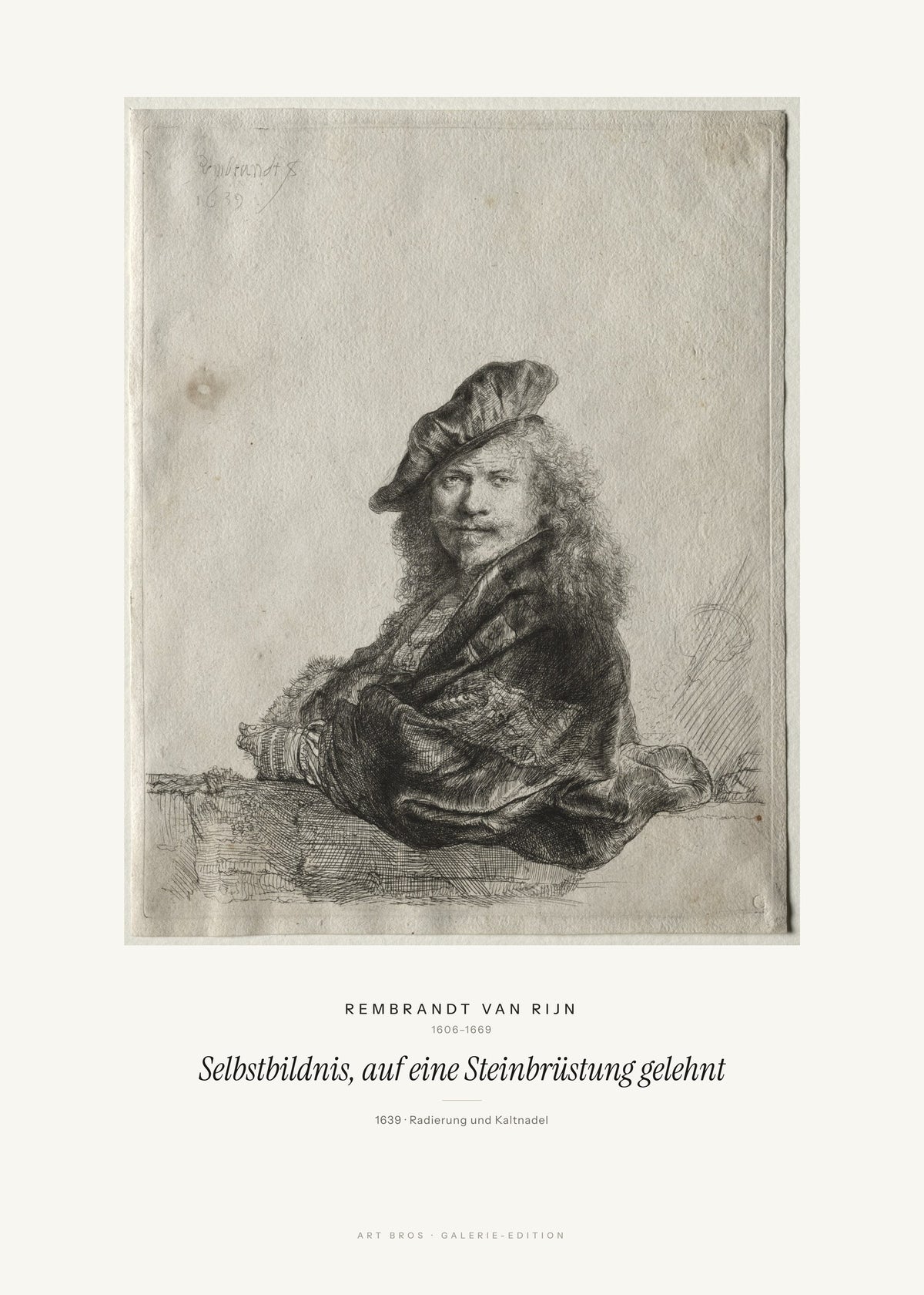 Selbstbildnis, auf eine Steinbrüstung gelehnt – Rembrandt van Rijn – Kunstdruck – Art Bros