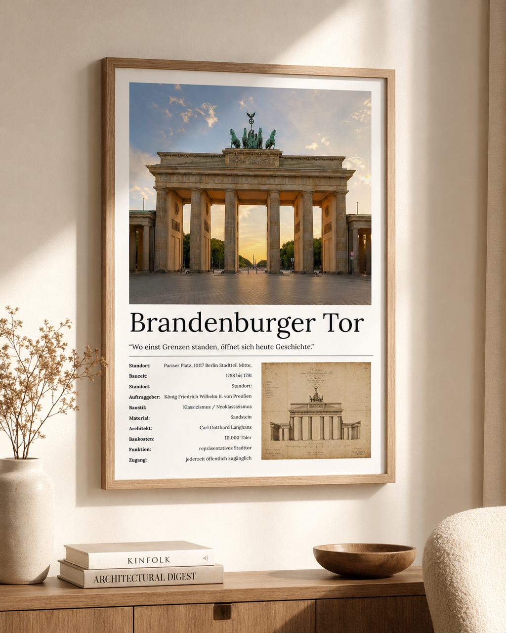 Brandenburger Tor Kunstdruck mit Fakten und historischem Bauplan-Element