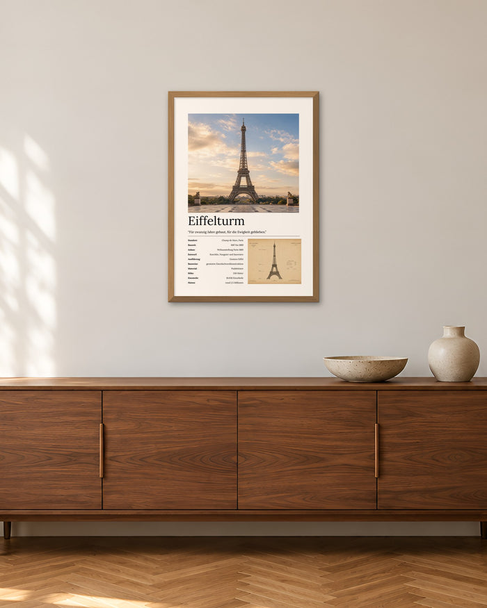 Eiffelturm Wandbild – 50 × 70 cm im Holzrahmen – Raumansicht – Art Bros