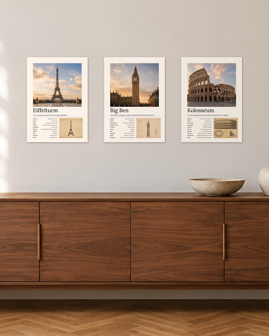 Weltstädte Bundle – 3er-Set Wandbilder – 30 × 42 cm ohne Rahmen – Raumansicht – Art Bros