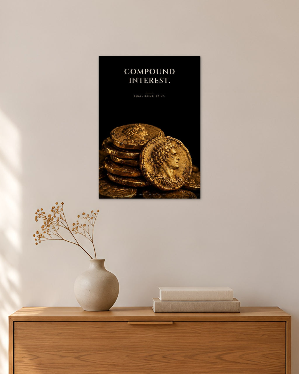 Compound Interest – Antike Münzen Poster – 30 × 42 cm ohne Rahmen – Raumansicht – Art Bros