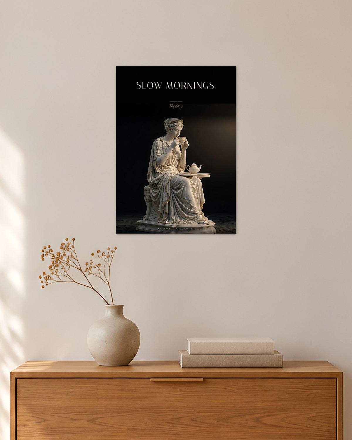 Slow Mornings – Teezeit Poster – 30 × 42 cm ohne Rahmen – Raumansicht – Art Bros