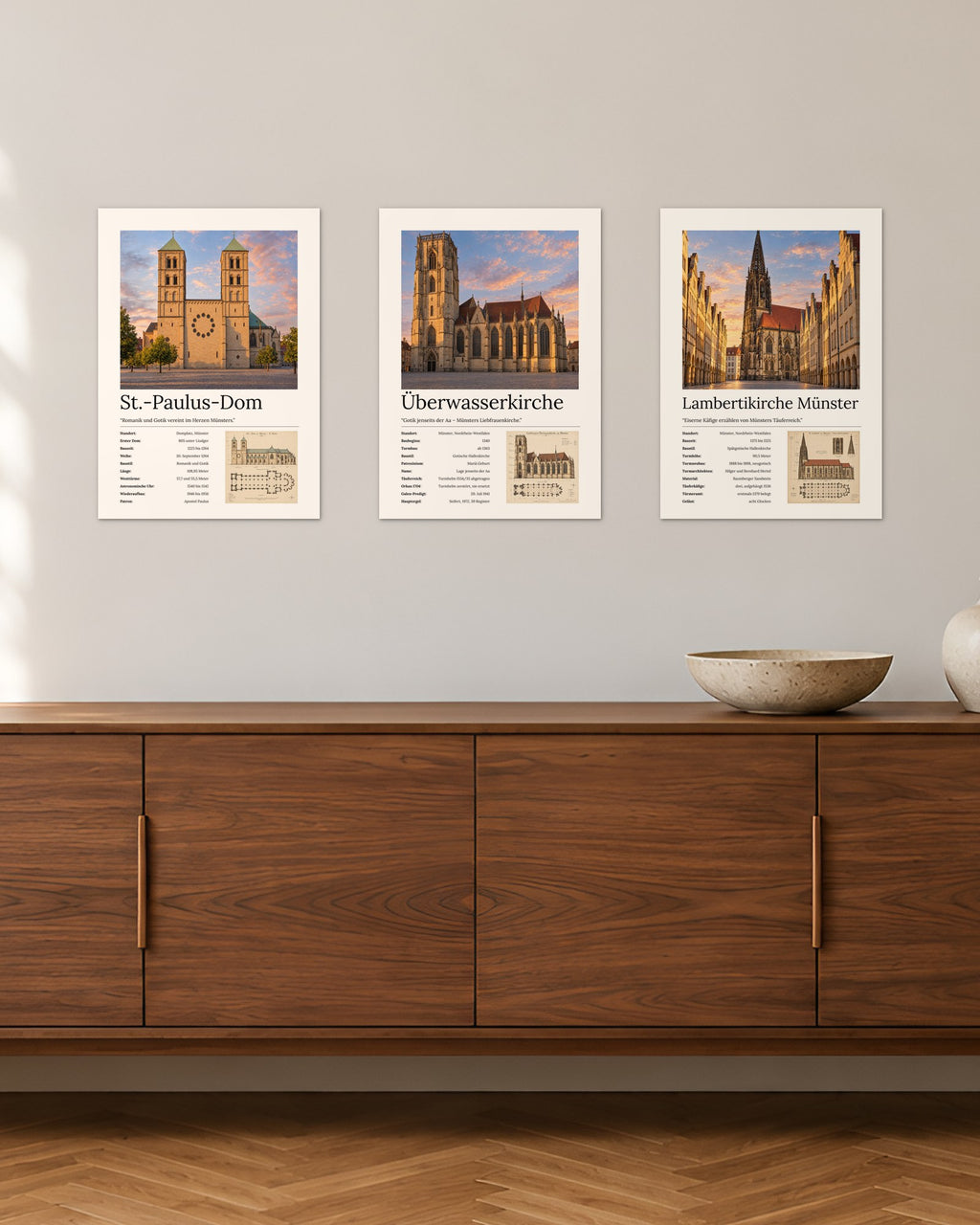 Münster Kirchen Bundle – 3er-Set Wandbilder – 30 × 42 cm ohne Rahmen – Raumansicht – Art Bros