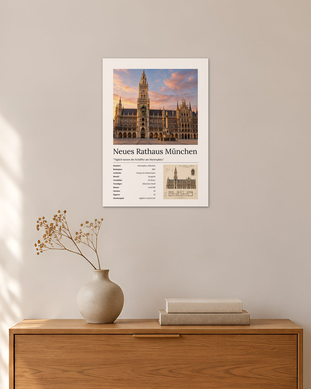 Neues Rathaus München Wandbild – 30 × 42 cm ohne Rahmen – Raumansicht – Art Bros