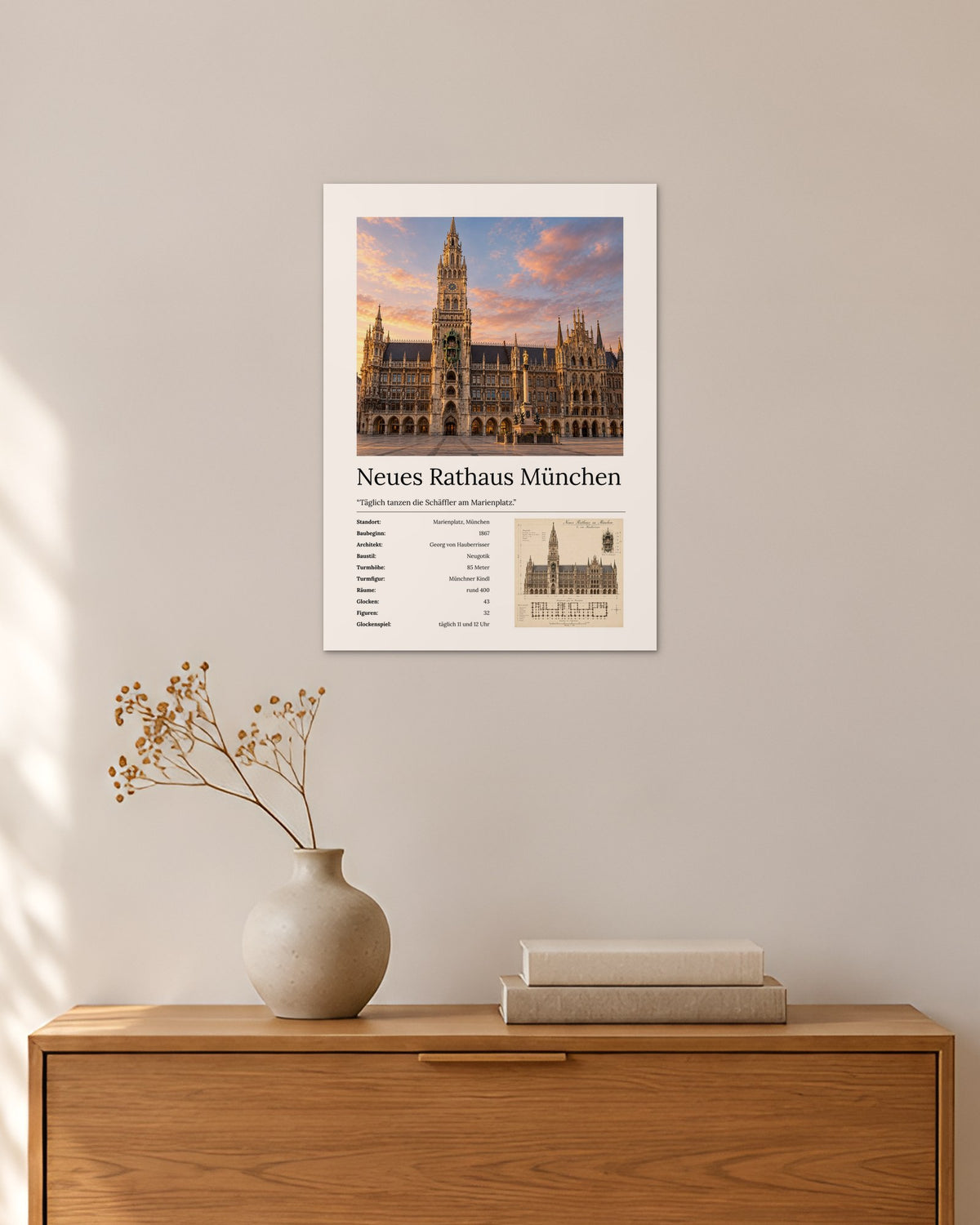 Neues Rathaus München Wandbild – 30 × 42 cm ohne Rahmen – Raumansicht – Art Bros