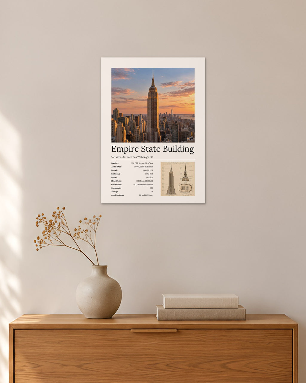Empire State Building Wandbild – 30 × 42 cm ohne Rahmen – Raumansicht – Art Bros