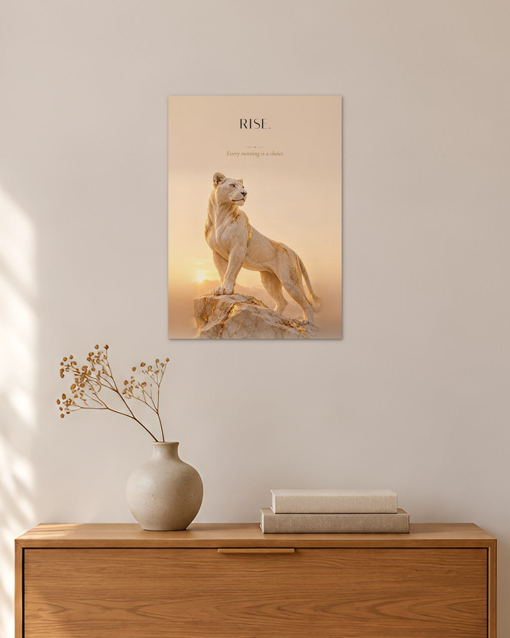 Rise – Löwin bei Sonnenaufgang Poster – 30 × 42 cm ohne Rahmen – Raumansicht – Art Bros