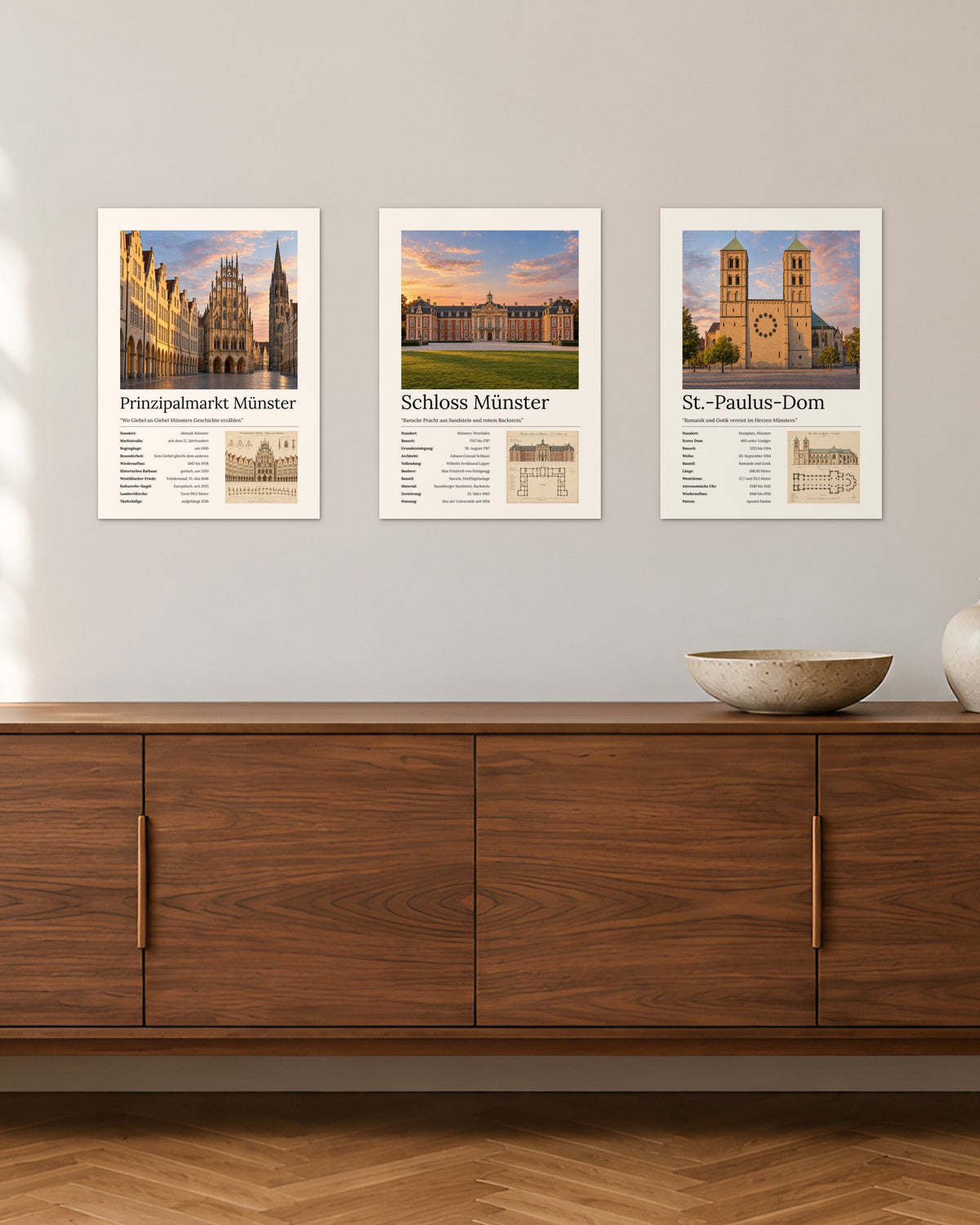 Münster Bundle – 3er-Set Wandbilder – 30 × 42 cm ohne Rahmen – Raumansicht – Art Bros
