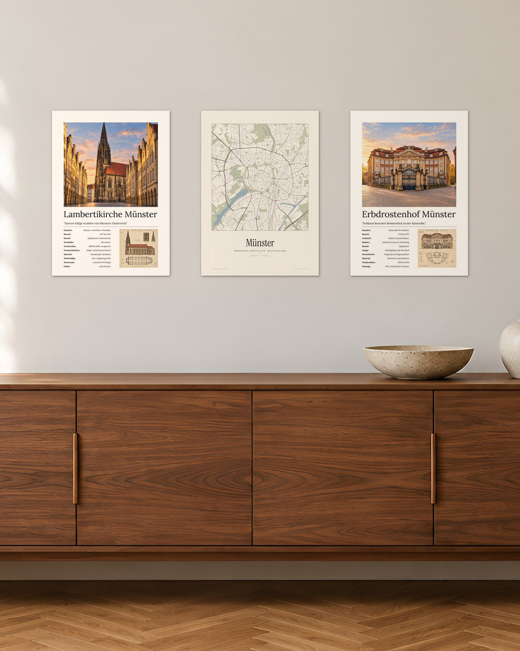 Münster Altstadt Bundle – 3er-Set Wandbilder – 30 × 42 cm ohne Rahmen – Raumansicht – Art Bros