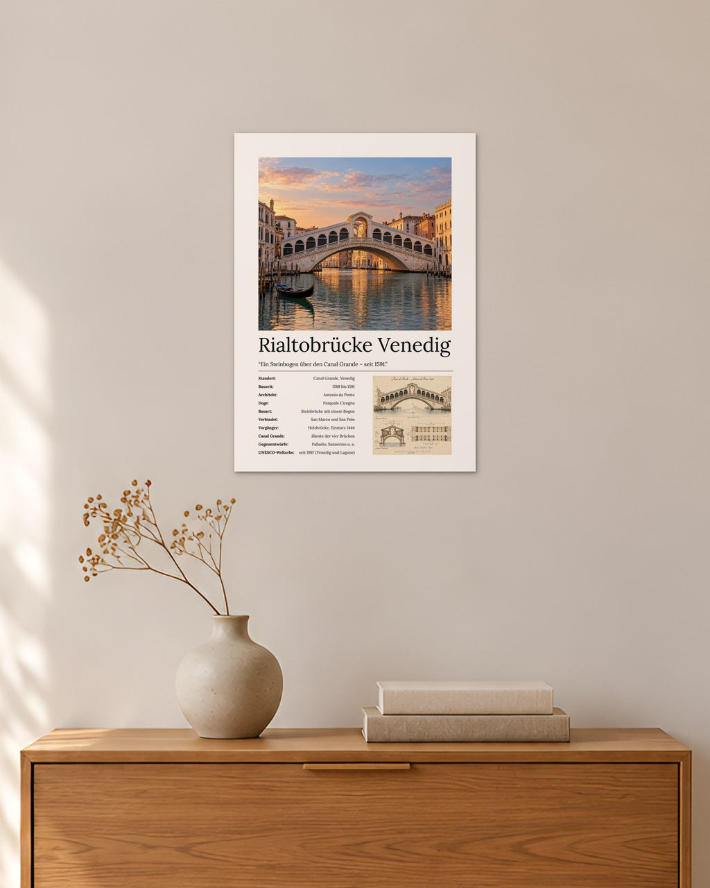 Rialtobrücke Venedig Wandbild – 30 × 42 cm ohne Rahmen – Raumansicht – Art Bros