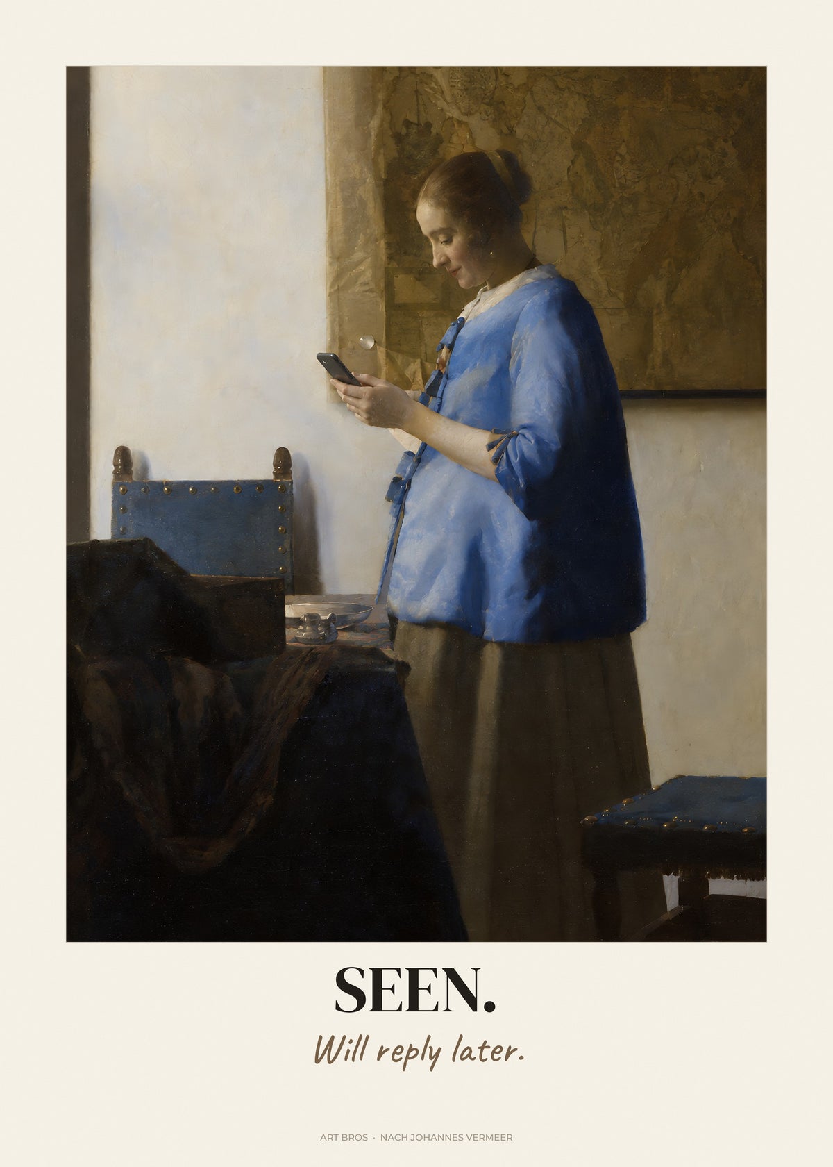 Briefleserin in Blau neu interpretiert mit Spruch Seen – Poster – Art Bros