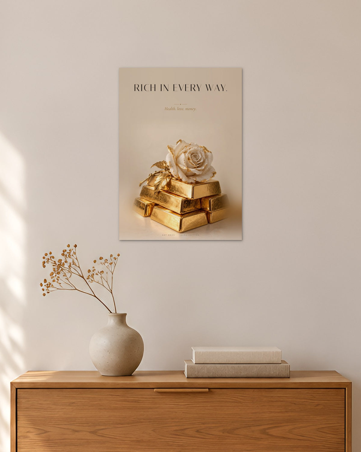 Rich in Every Way – Goldbarren Poster – 30 × 42 cm ohne Rahmen – Raumansicht – Art Bros