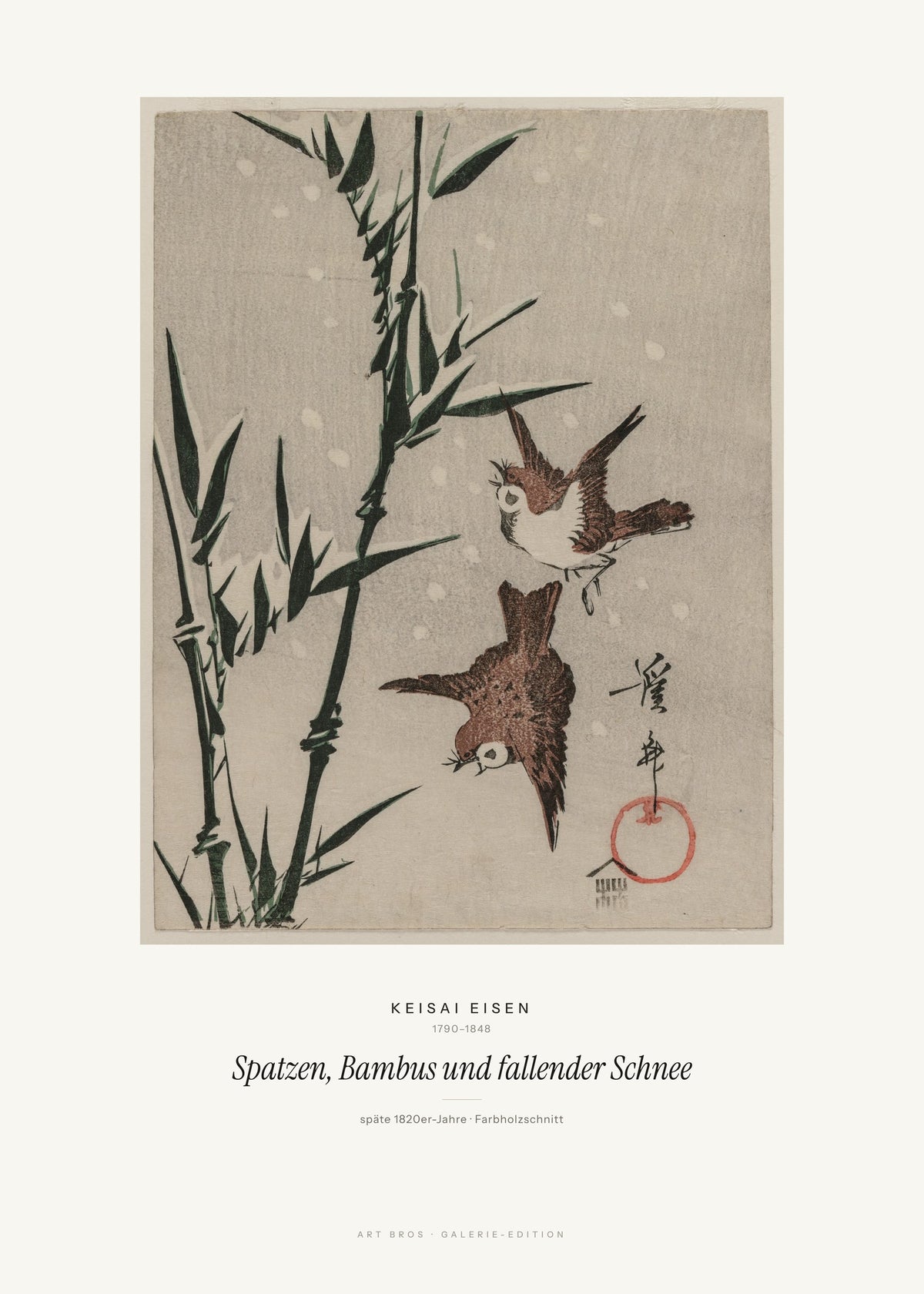 Spatzen, Bambus und fallender Schnee – Keisai Eisen – Kunstdruck – Art Bros