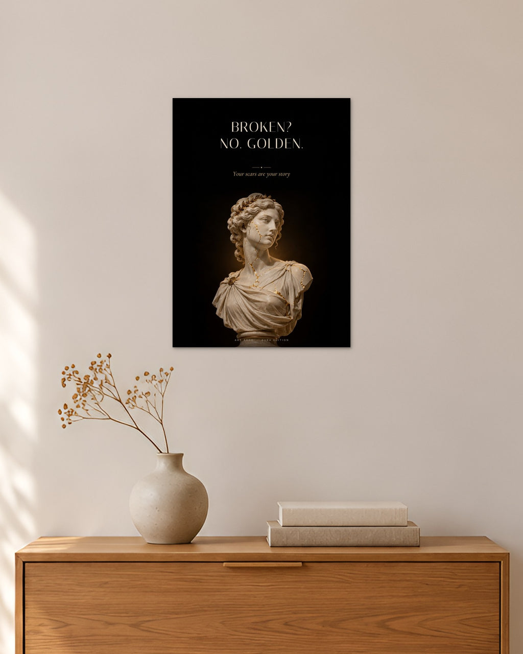 Broken? No. Golden – Kintsugi-Büste Poster – 30 × 42 cm ohne Rahmen – Raumansicht – Art Bros