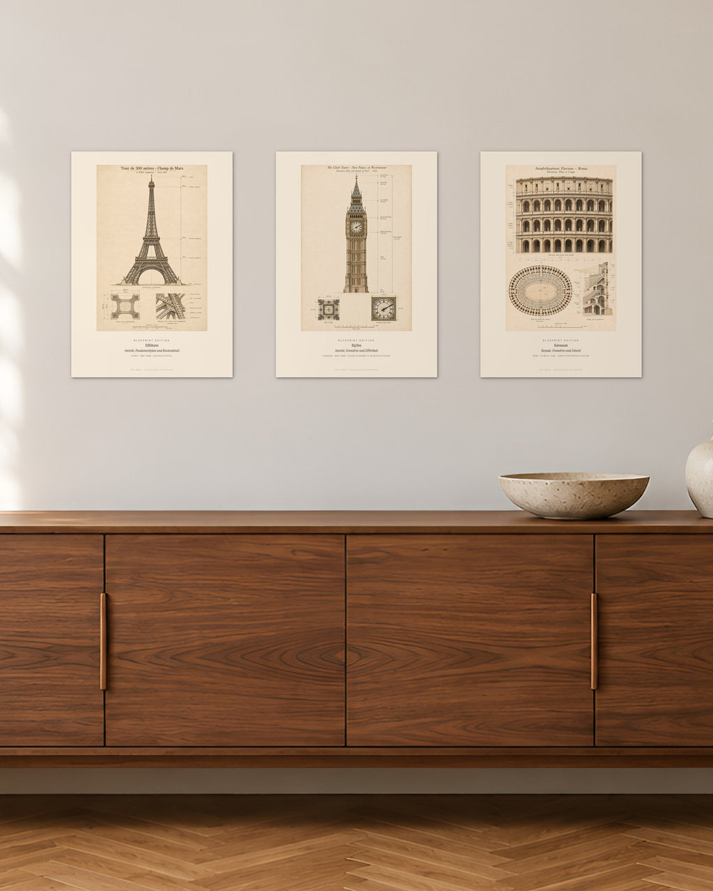 Blueprint Welt – 3er-Set Wandbilder – 30 × 42 cm ohne Rahmen – Raumansicht – Art Bros