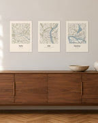 Stadtplan Bundle Großstädte – 3er-Set Wandbilder – 30 × 42 cm ohne Rahmen – Raumansicht – Art Bros