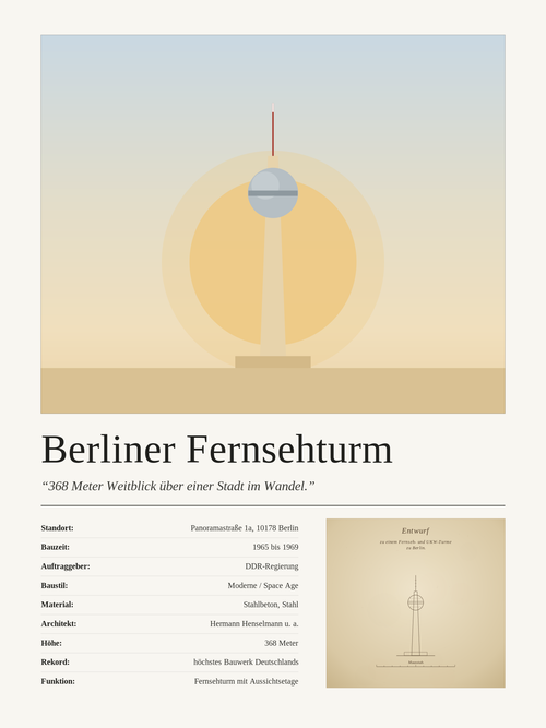 Berliner Fernsehturm Wandbild im Editorial-Stil mit Fakten und Bauplan-Element – Art Bros