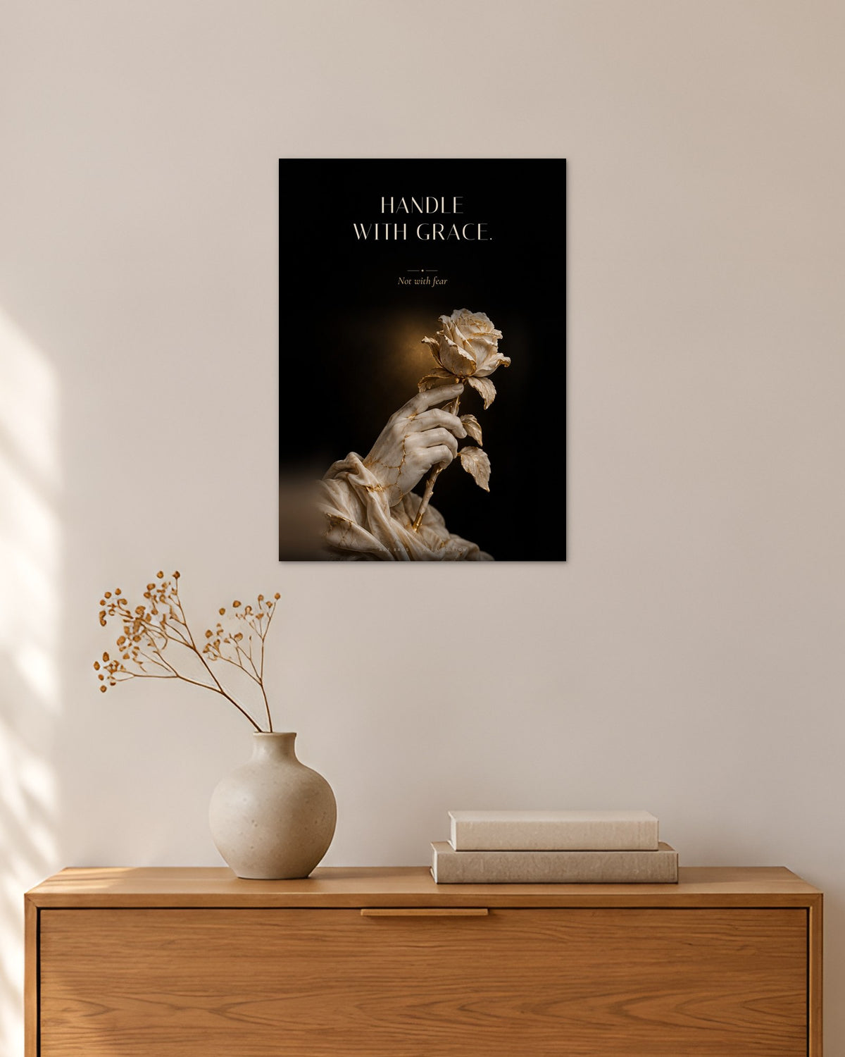 Handle With Grace – Hand mit Rose Poster – 30 × 42 cm ohne Rahmen – Raumansicht – Art Bros