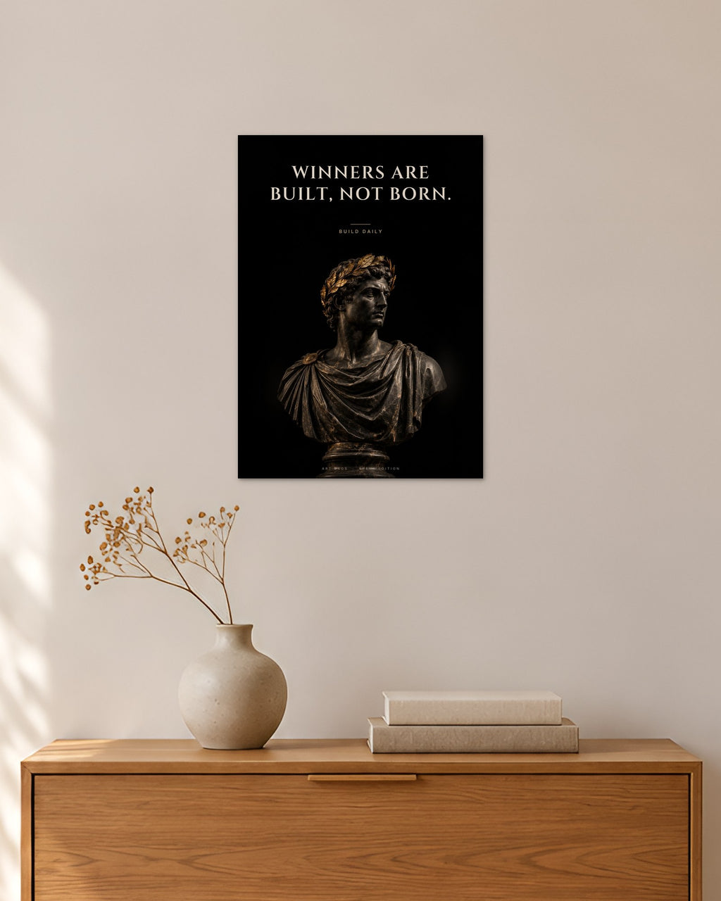 Winners Are Built, Not Born – Lorbeerkranz Poster – 30 × 42 cm ohne Rahmen – Raumansicht – Art Bros