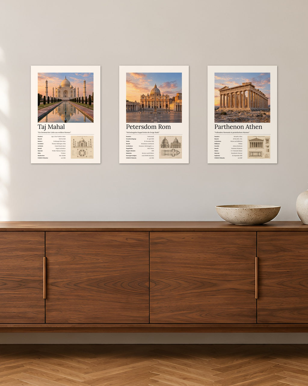 Weltwunder Bundle – 3er-Set Wandbilder – 30 × 42 cm ohne Rahmen – Raumansicht – Art Bros
