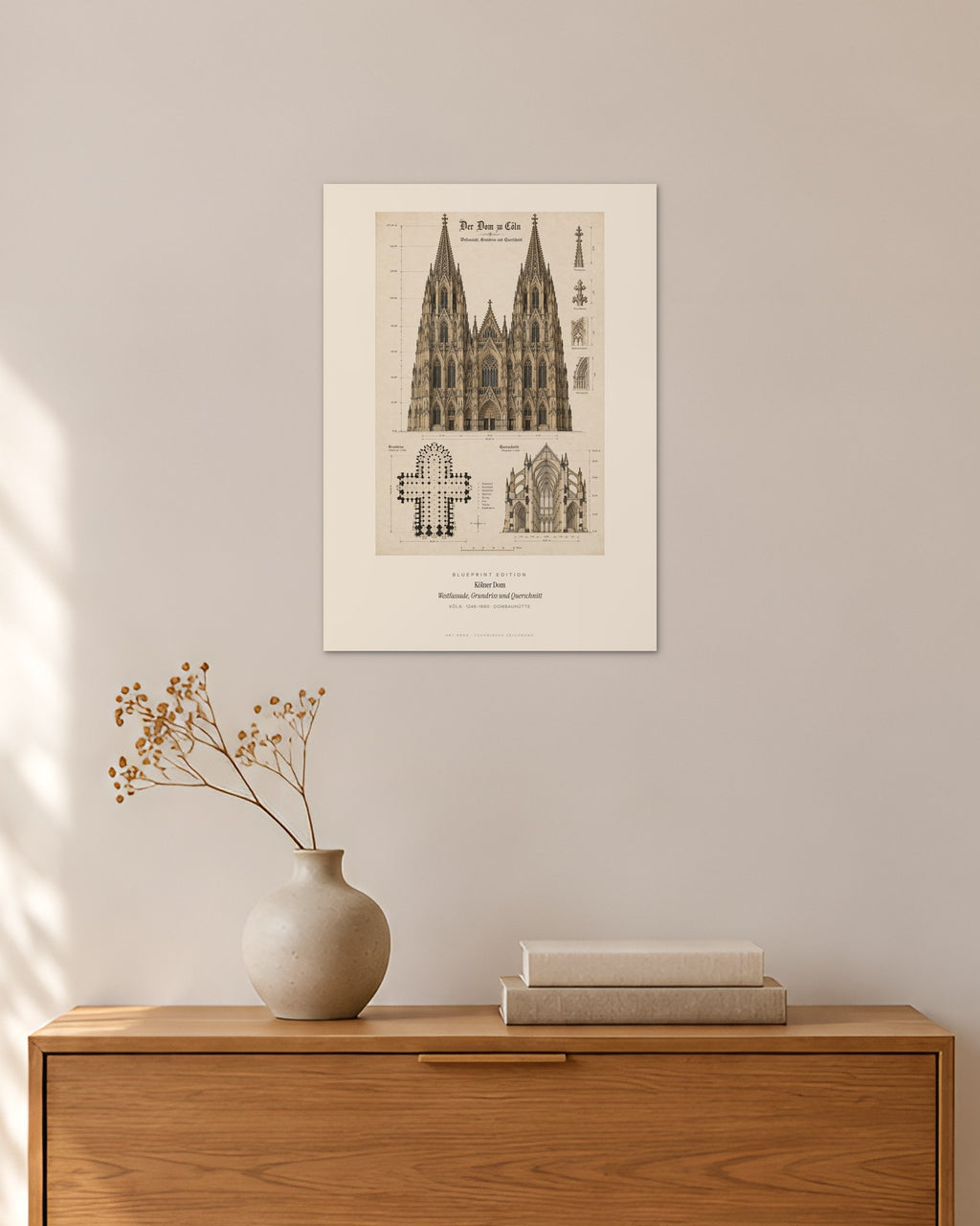 Kölner Dom Blueprint – 30 × 42 cm ohne Rahmen – Raumansicht – Art Bros