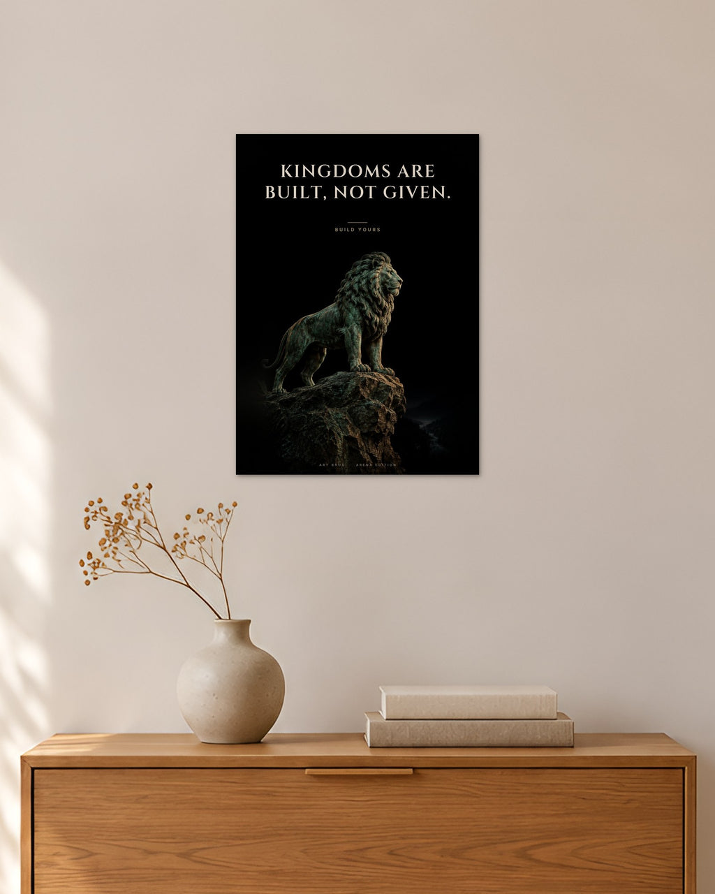 Kingdoms Are Built, Not Given – Löwe auf dem Felsen Poster – 30 × 42 cm ohne Rahmen – Raumansicht – Art Bros