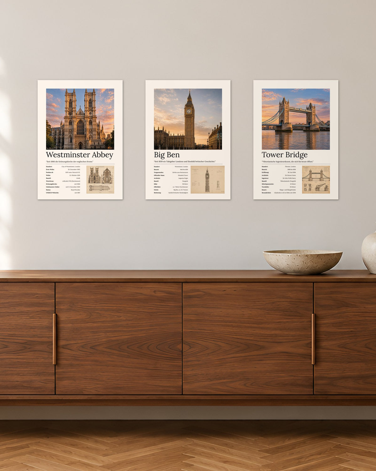 London Bundle – 3er-Set Wandbilder – 30 × 42 cm ohne Rahmen – Raumansicht – Art Bros