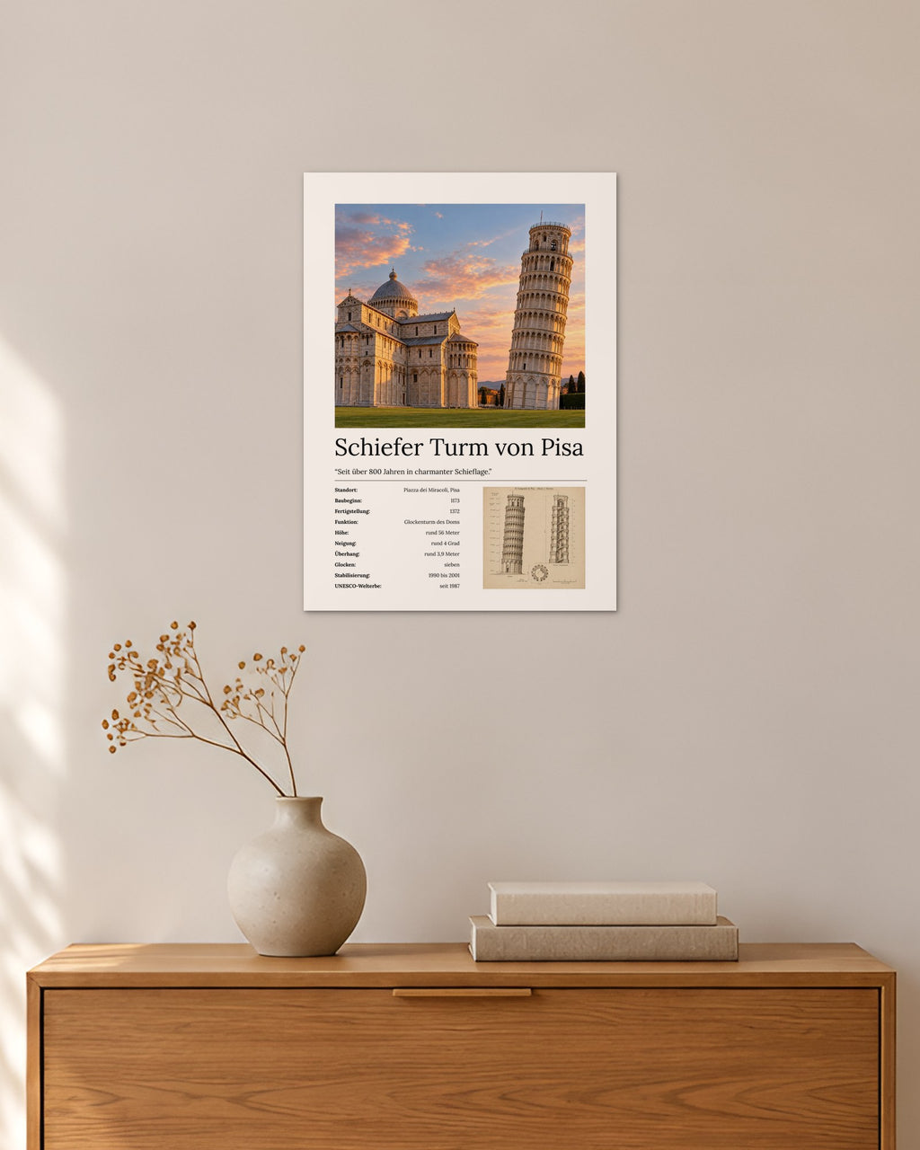 Schiefer Turm von Pisa Wandbild – 30 × 42 cm ohne Rahmen – Raumansicht – Art Bros