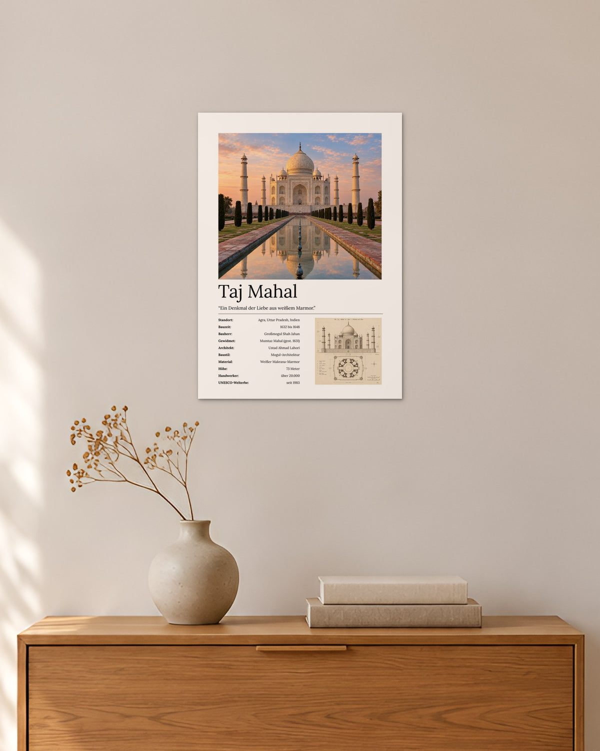 Taj Mahal Wandbild – 30 × 42 cm ohne Rahmen – Raumansicht – Art Bros