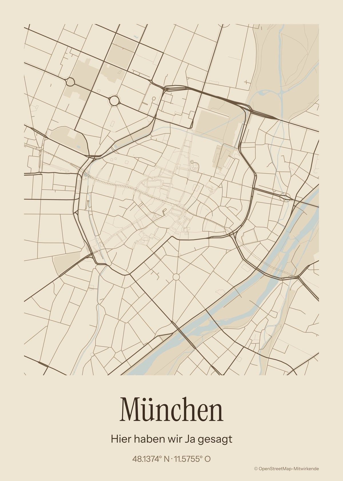Personalisierte Stadtkarte München – Stil Sepia – Art Bros