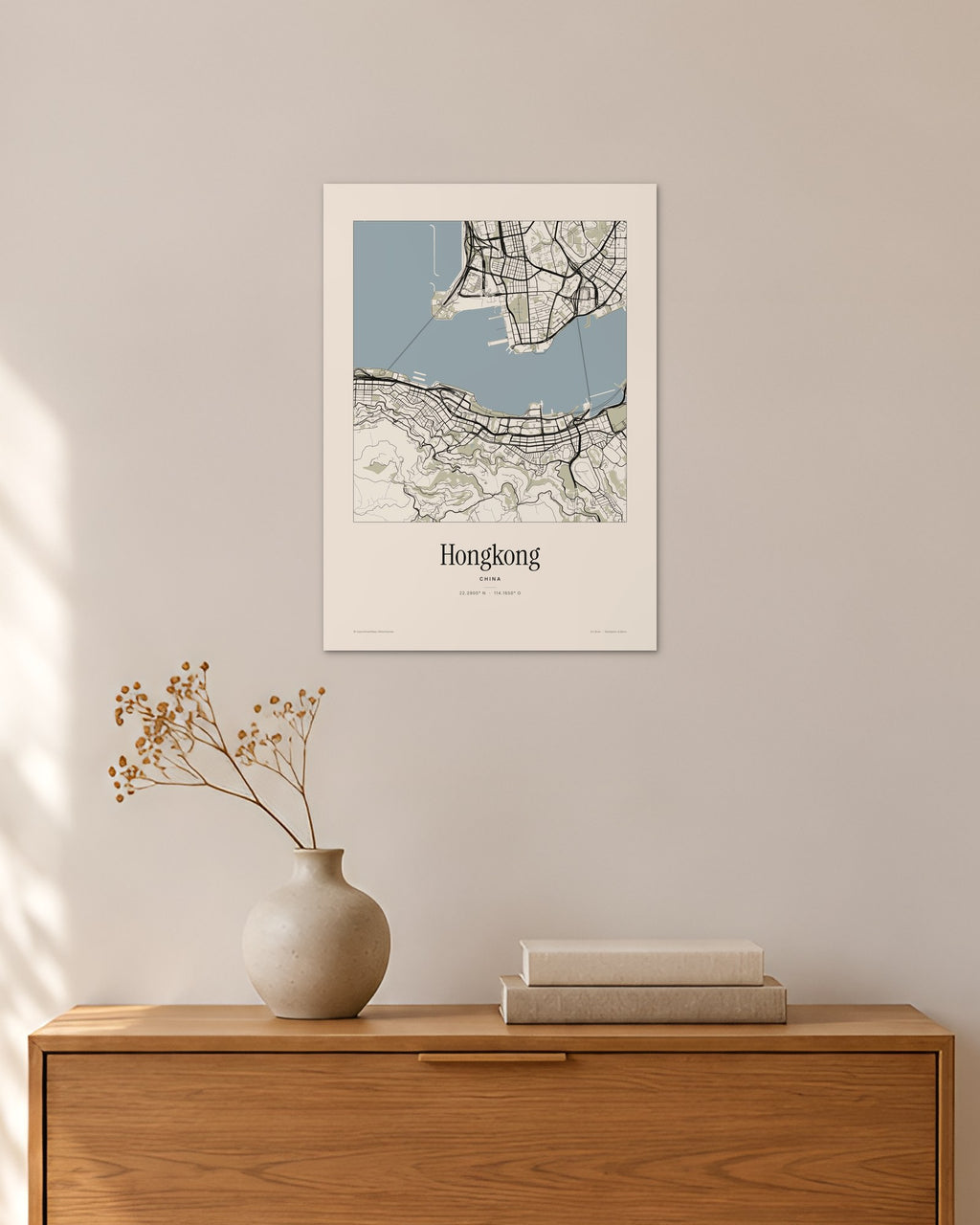 Hongkong Stadtplan – Wandbild – 30 × 42 cm ohne Rahmen – Raumansicht – Art Bros