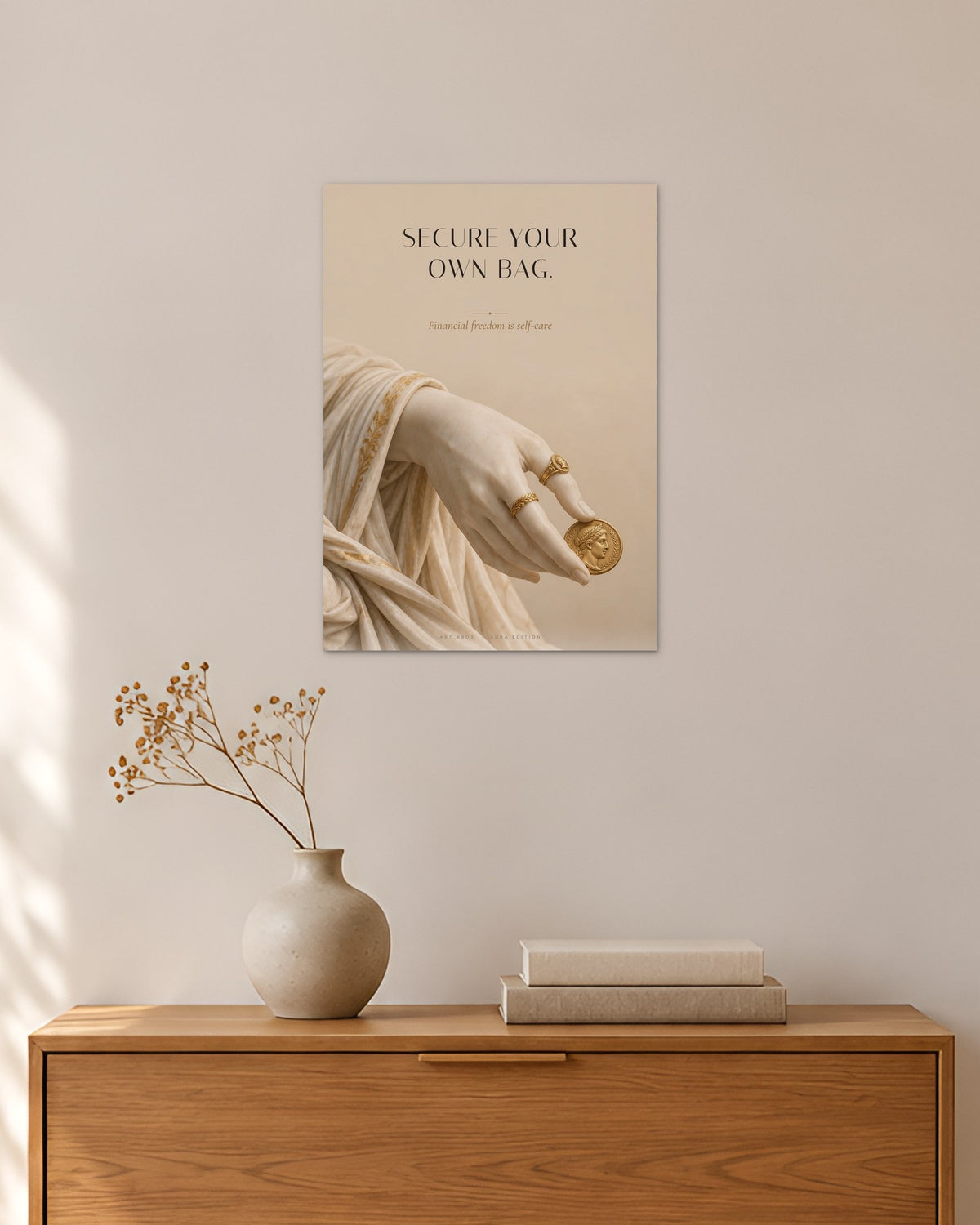 Secure Your Own Bag – Goldmünze Poster – 30 × 42 cm ohne Rahmen – Raumansicht – Art Bros