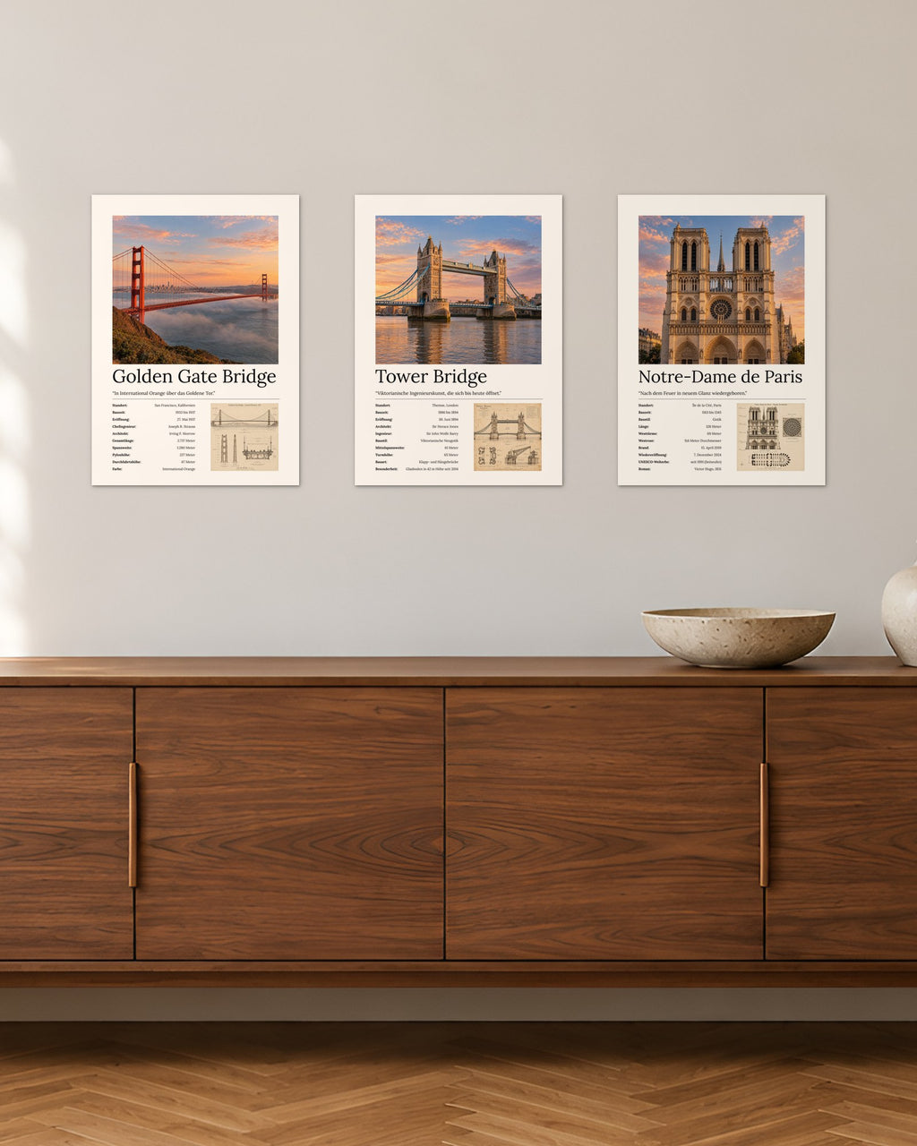 Metropolen Bundle – 3er-Set Wandbilder – 30 × 42 cm ohne Rahmen – Raumansicht – Art Bros
