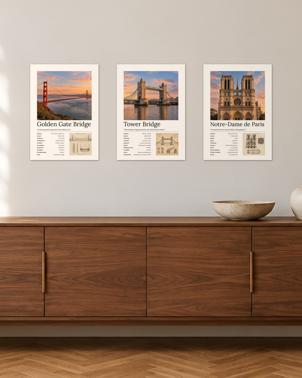 Metropolen Bundle – 3er-Set Wandbilder – 30 × 42 cm ohne Rahmen – Raumansicht – Art Bros